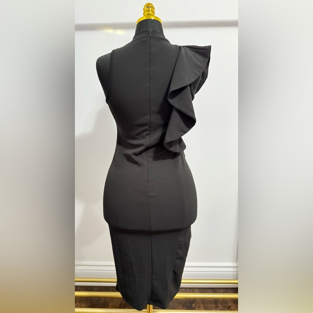Elegant Black Ruffle Midi Dress | Size Large - Picture 3 of 4